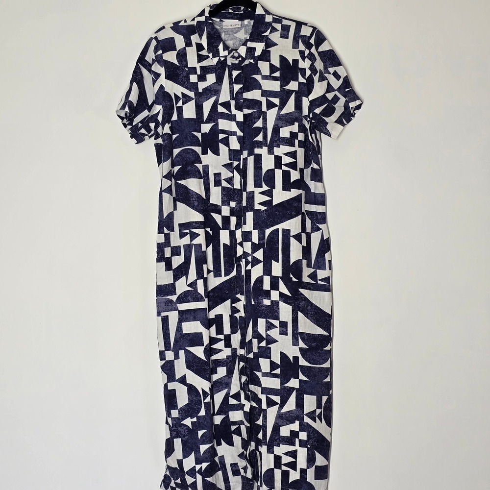 FOIL NZ Linen Maxi Shirt Dress US 10 Navy White Abstract Geometric Lagenlook
